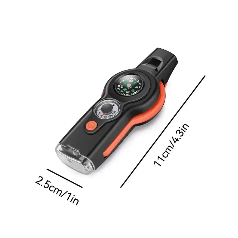 7in1 Outdoor Multifunctional Survival Whistle Flashlight Reflector Magnifying Glass Storage Compartment Compass Thermometer