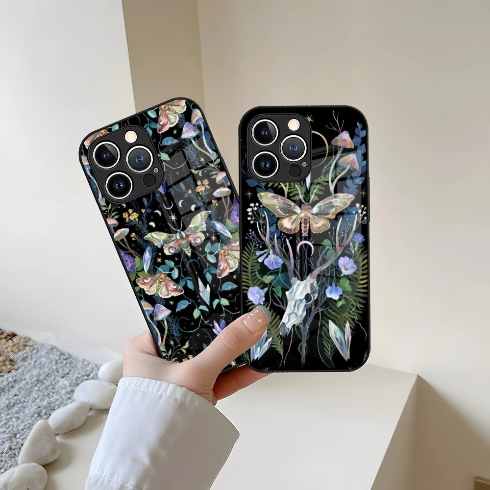 Forest Magical Moth Thistle Phone Case For iPhone 13 15 14 16 12 11 Pro XS Max Plus Mini X XR 8 7 6s SE2020 Tempered Glass Coque