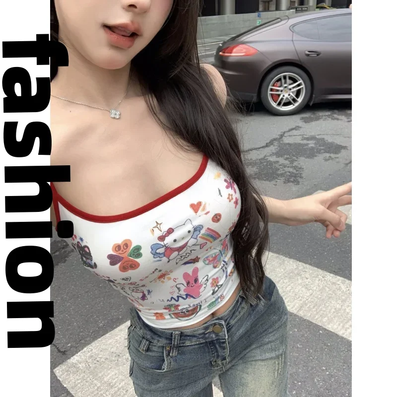 Miniso Hellokitty Sling Top T-shirt Anime Show Off Big Breast Clothing Kawaii Girl Women Simple Kitcat Pirnting Vest New Clothes