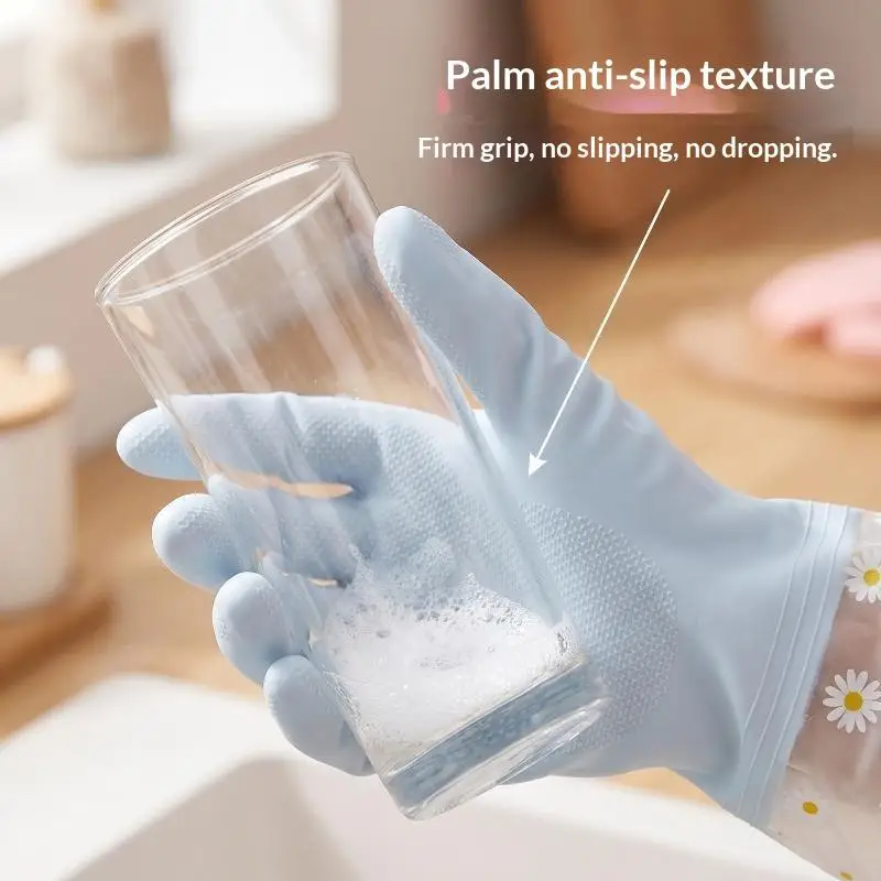 （JYA1）Floral Pattern Household Latex Waterproof Cleaning Gloves Kitchen Dishwashing Laundry Wear Resistant Rubber Housework