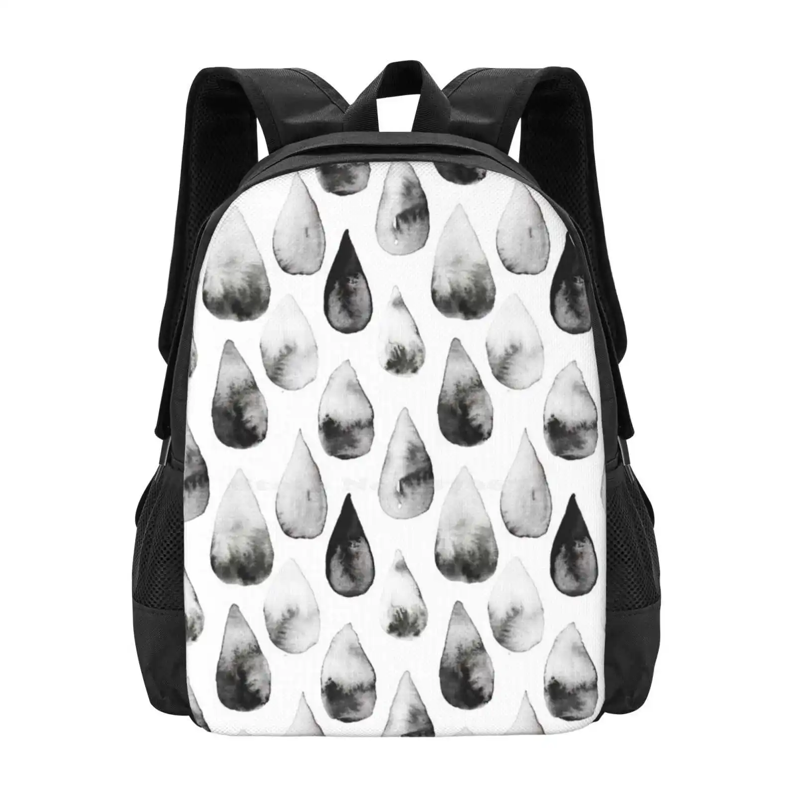 Inky Rain Hot Sale Schoolbag Backpack Fashion Bags Splatter Drops Rain Abstract Inky Watercolor Flow Trendy Blackandwhite