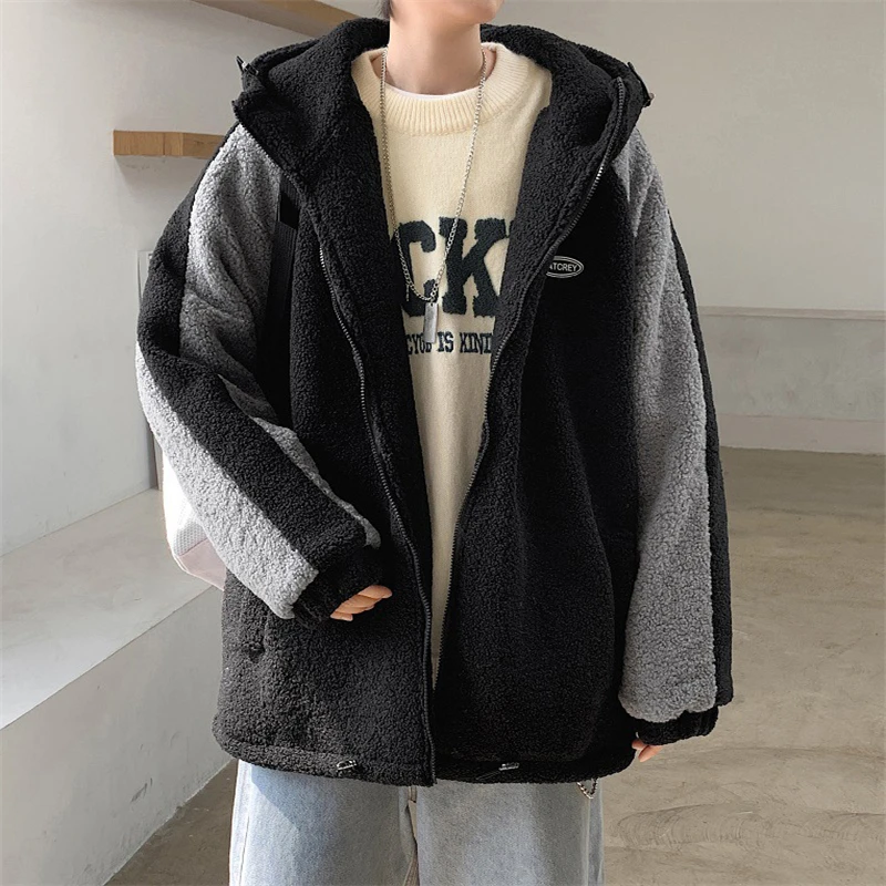 Winter Warm Men Coats Casual Polar Fleece Hooded Jacket Coats Comfort Loose Patchwork Coats Male Hoodies Outerwear 2022