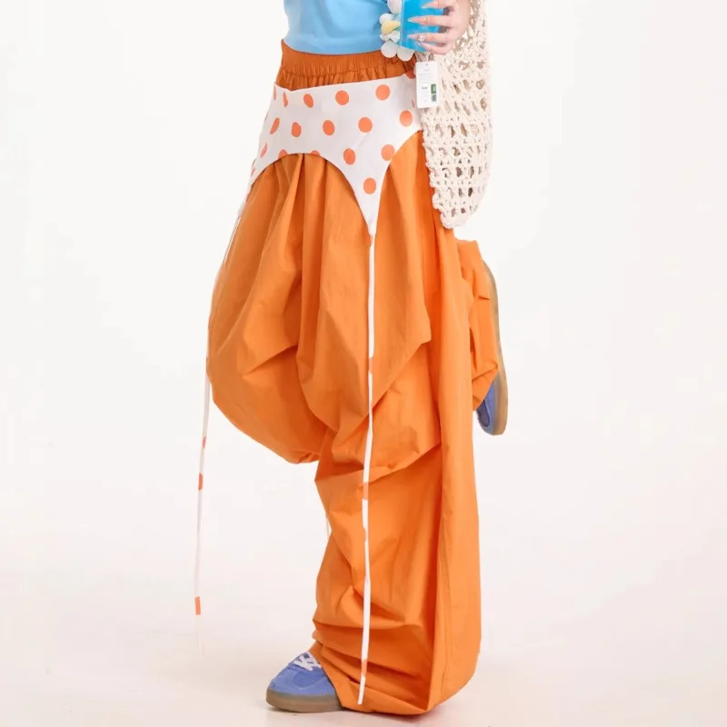 HKSH 봄 가을 신상 여성용 와이드 레그 팬츠 엘라스틱 웨이스트 컬러 블록 플리츠 아메리칸 레트로 Y2K 트렌드 HK16104