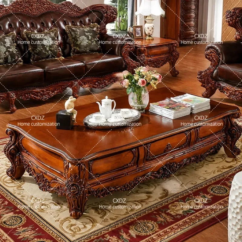 European Solid Wood Coffee Table High End Hand Carved French Villa Style Living Room Furniture New