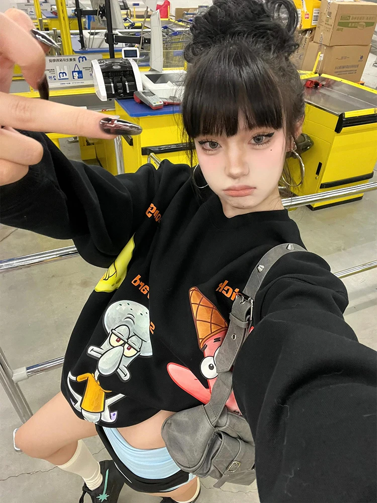 Sweat-shirt rond américain Sle Bla pour femme, haut ample, Design, coupe confortable, printemps-automne