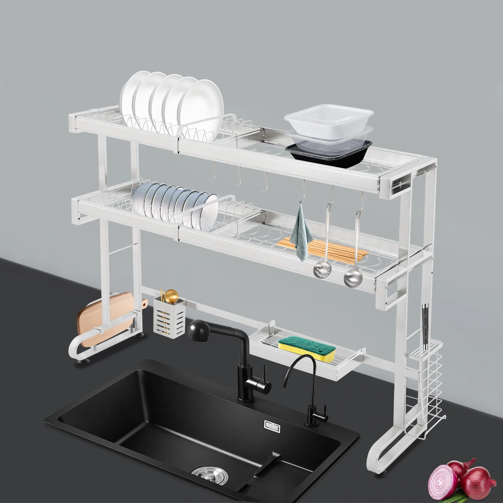 

Двухуровневая сушилка для посуды над раковиной, расширяемая сушилка для посуды из нержавеющей стали
