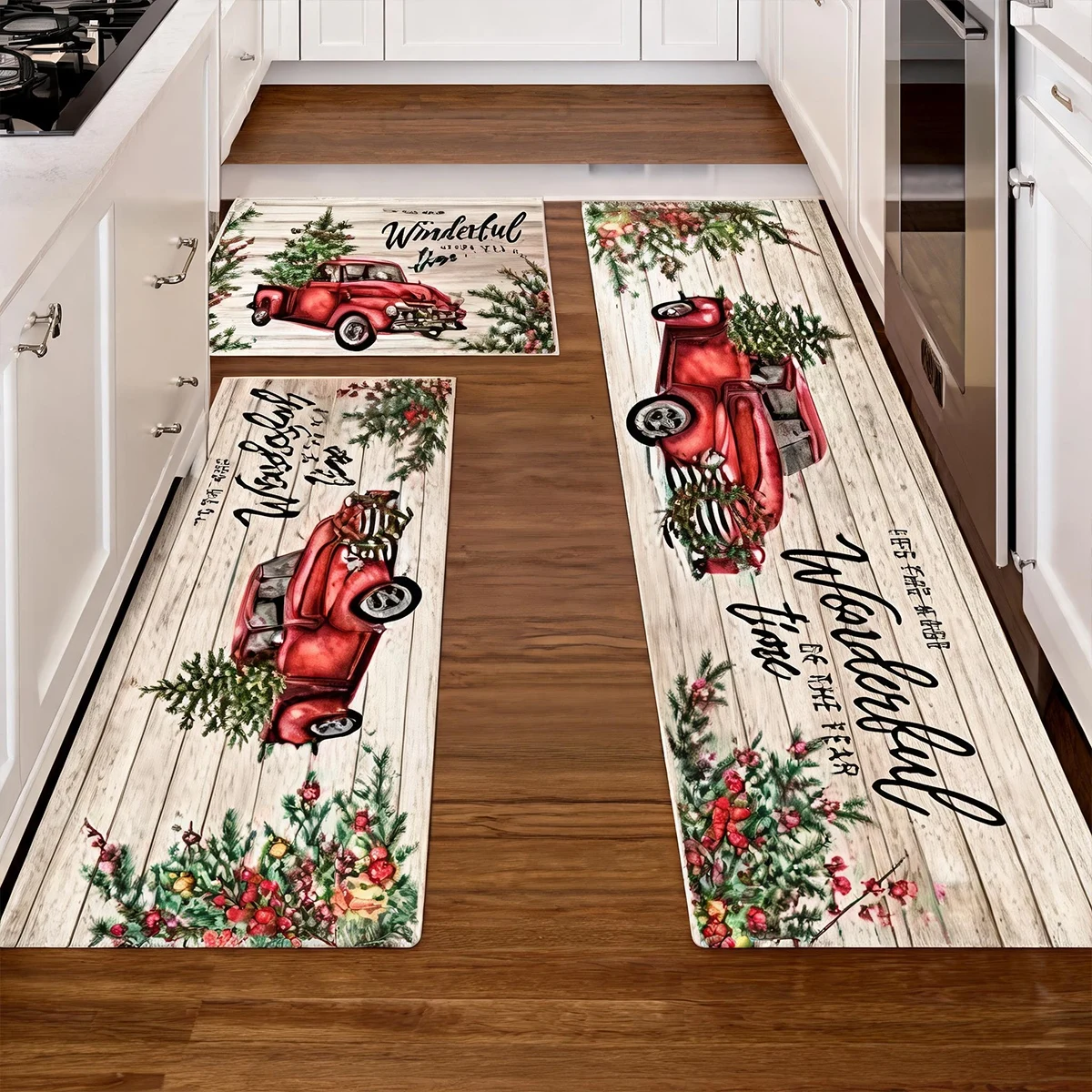Christmas Kitchen Mat Square Cozy Flannel Plush Rug with Winter Snow Print Non Slip Floor Mat for Bathroom Toilet