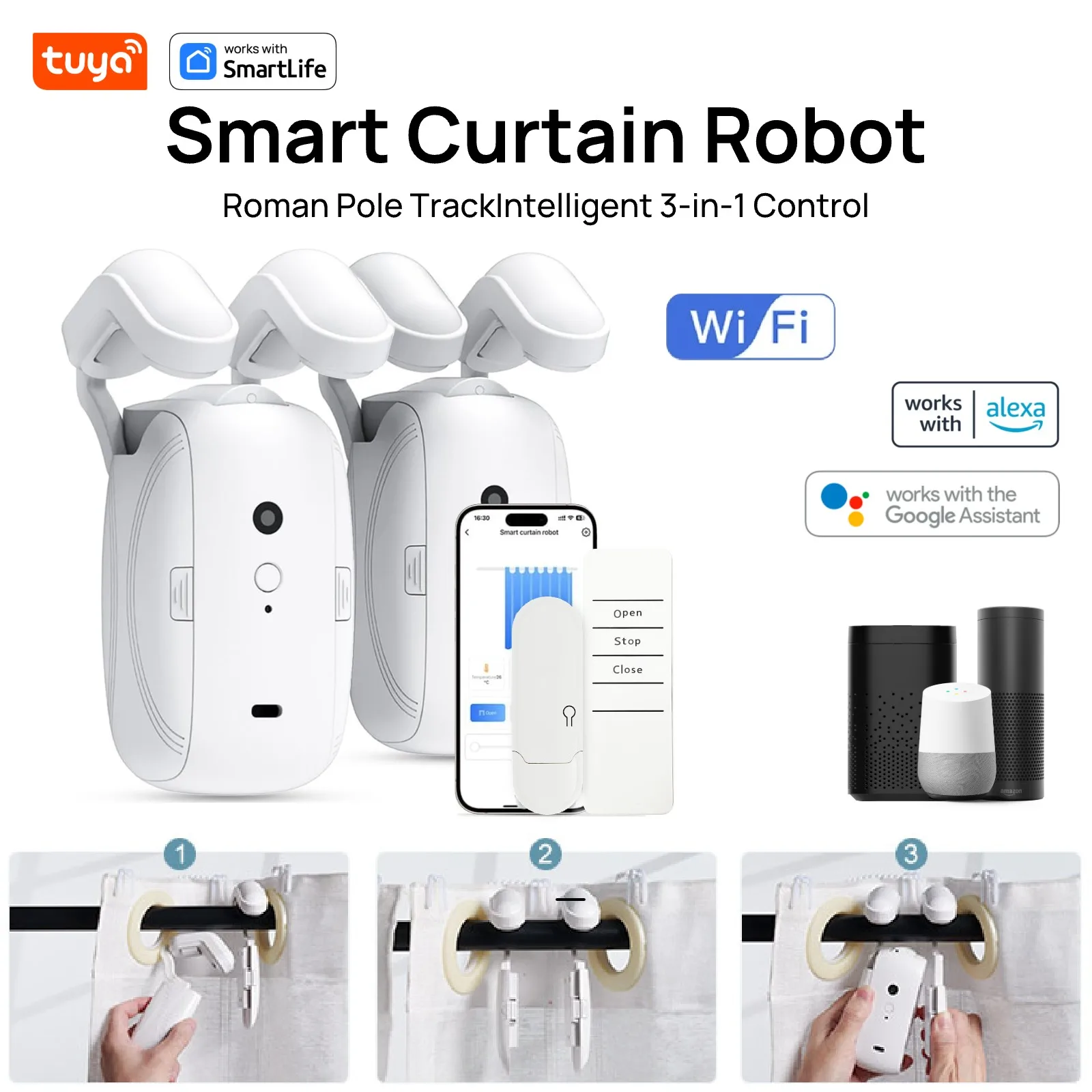 

Умный Wi-Fi робот для штор Tuya, интеллектуальное управление 3-в-1 через приложение Tuya/пульт/голосовое управление (Alexa, Google, Siri) для римских карнизов.