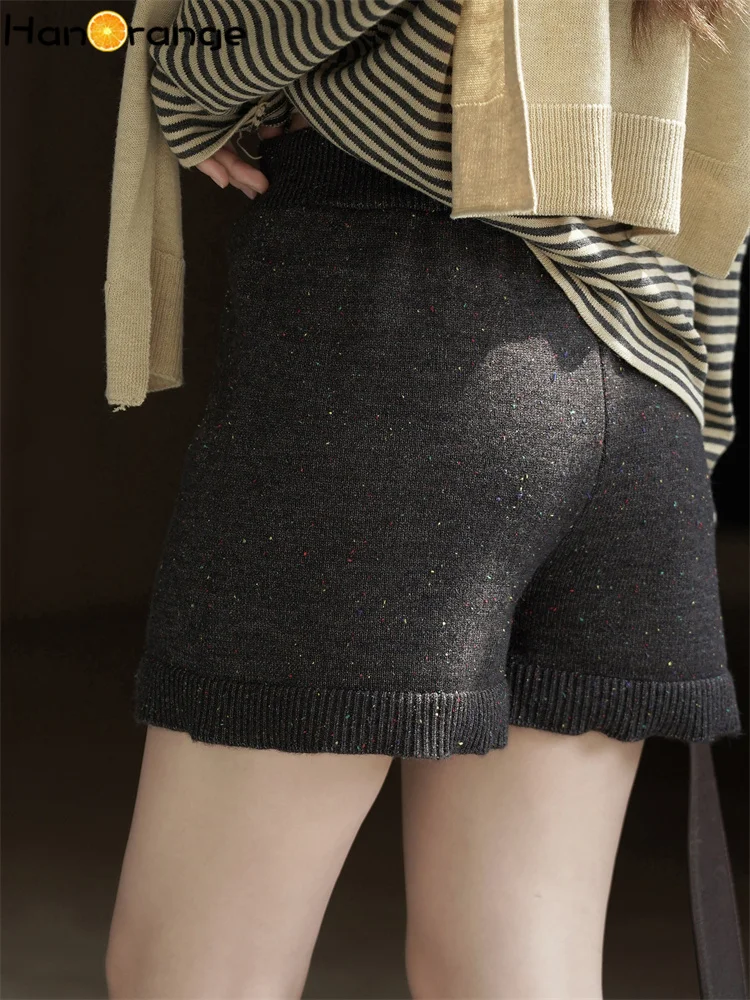 HanOrange 2025 가을 레트로 패션 신축성 있는 허리끈 니트 반바지 여성 반바지 연회색/진회색