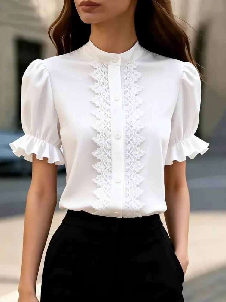 

Женские блузки 2026 Весна-Лето, блузка с коротким рукавом, офисная элегантная рабочая рубашка, топ, модные блузы для женщин