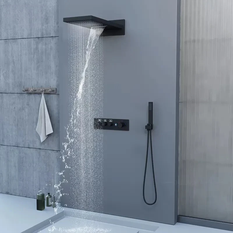 Indoor Bathroom New Model Thermostatic Concealed Wall Mount Rainfall Shower Head and Handheld System Shower Set