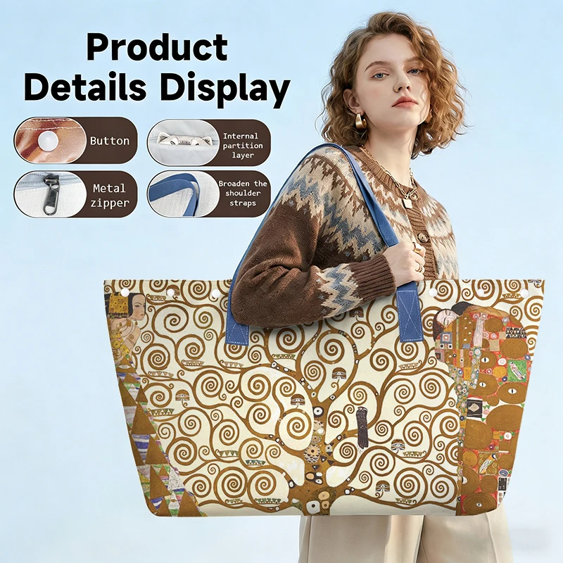 Foldable Women Handbag Oil Painting The Kiss Totes Bag Gustav Klimt Extra Large Capacity Storage Bags for Travel Ladie Beach Bag view 6
