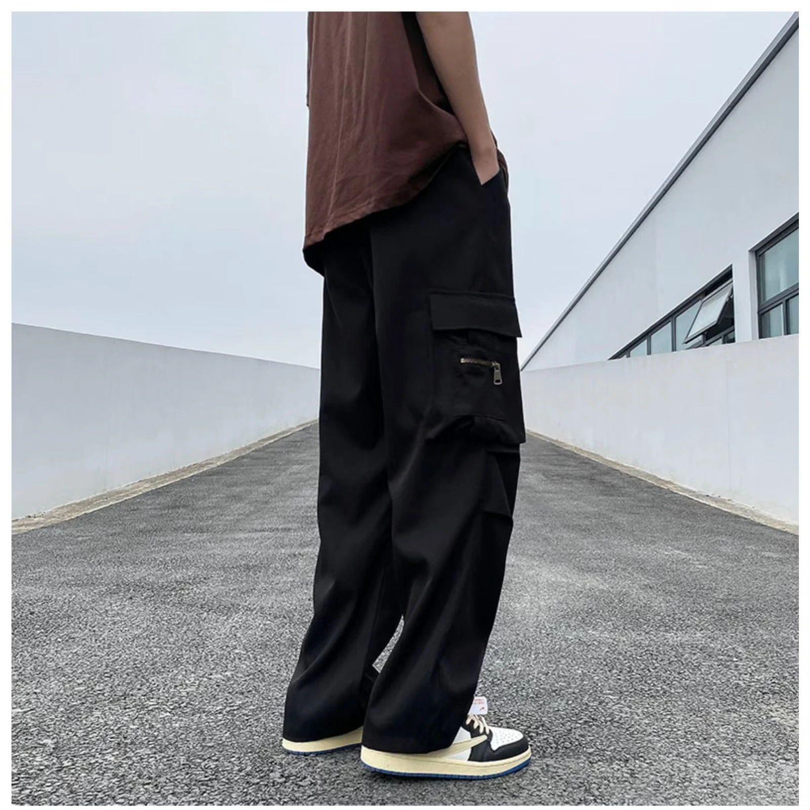 Herren Cargohose Y2k Schwarz Hip Hop Lose Streetwear Hose Herren Jugendstil Gerades Bein Lässige Hose mit mehreren Taschen für Herren 405
