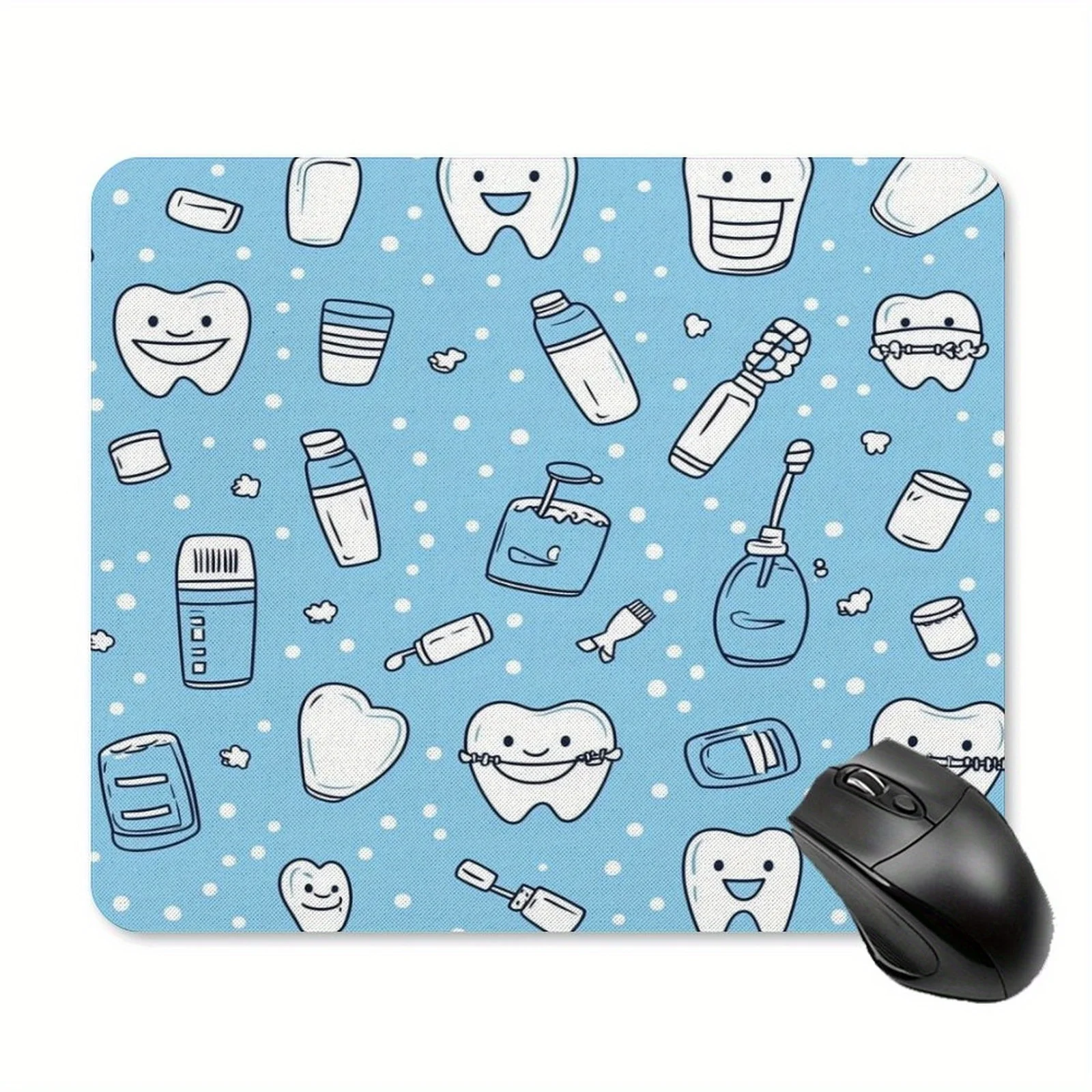 Dental mouse pad features cute teeth, toothbrushes and dental tools light blue design is suitable for both office and dental use