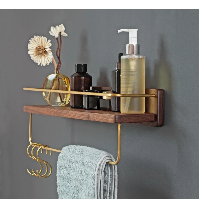 

Wooden Storage Rack Bathroom Shelves Containers Household Solid Wall Mounted Towel Holder Cosmetics