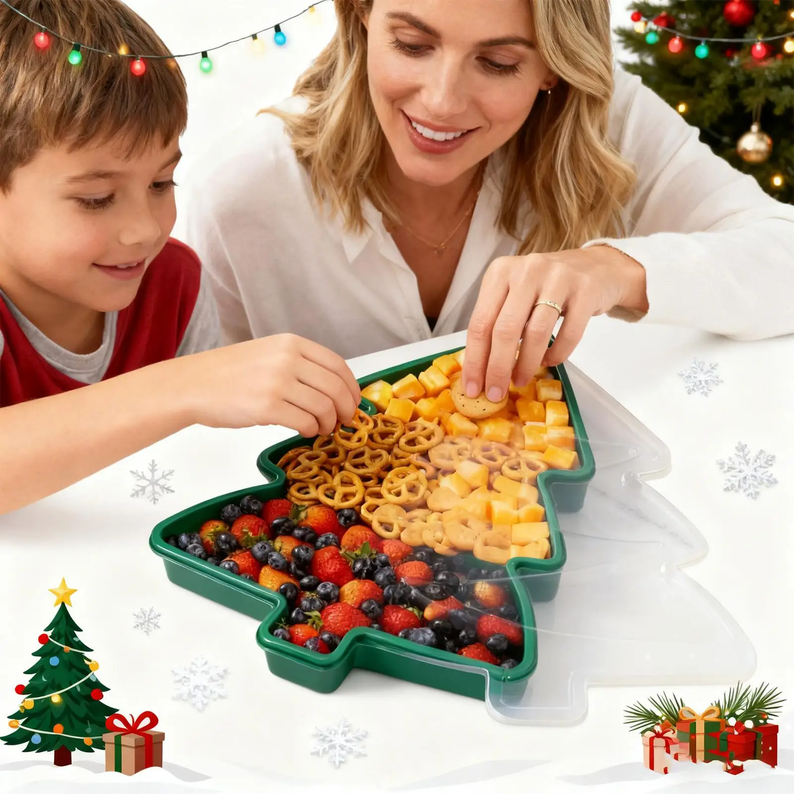 Bandeja de aperitivos navideña, organizador de alimentos, bandeja para servir, platos de aperitivos navideños portátiles para golosinas, nueces, frutas, palomitas de maíz, postre