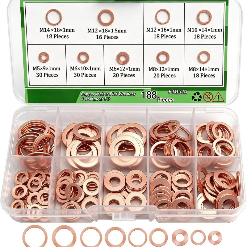 188PC Scopper Washer Annealing Set Copper Crush Washers Metric Oil Drain Bolt Kit Sealing Washers (M5 M6 M8 M10 M12 M14)