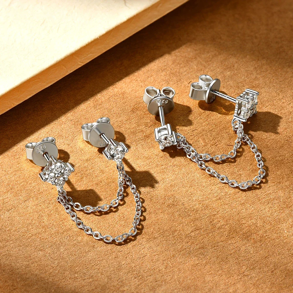 3mm Full Moissanite Stud Earrings for Women 925 Sterling Silver Double Earhole Ear Line Clover Tassel Jewelry with GRA Certified