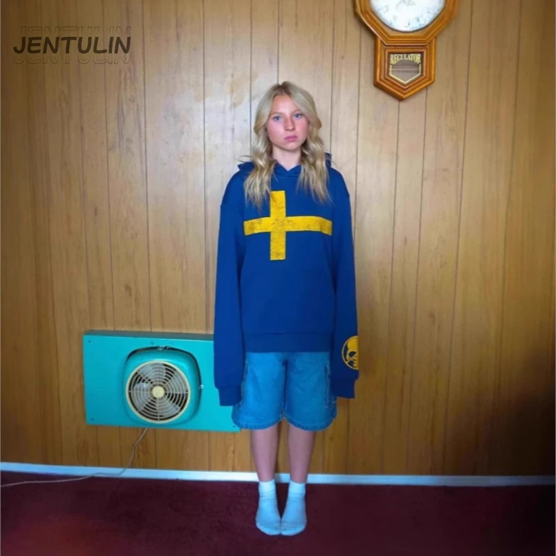 Felpa con cappuccio unisex stile americano Cross Element Felpa con cappuccio unisex Tendenza retrò Allentata Casual Versatile Top Grunge Klein Felpa con stampa di lettere blu