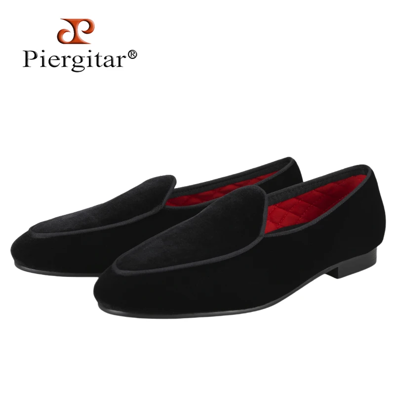 Piergitar Brand Handmade Black Color Men Velvet Shoes For Fashion Party And Wedding Men's Loafers Slip-On Smoking Slippers