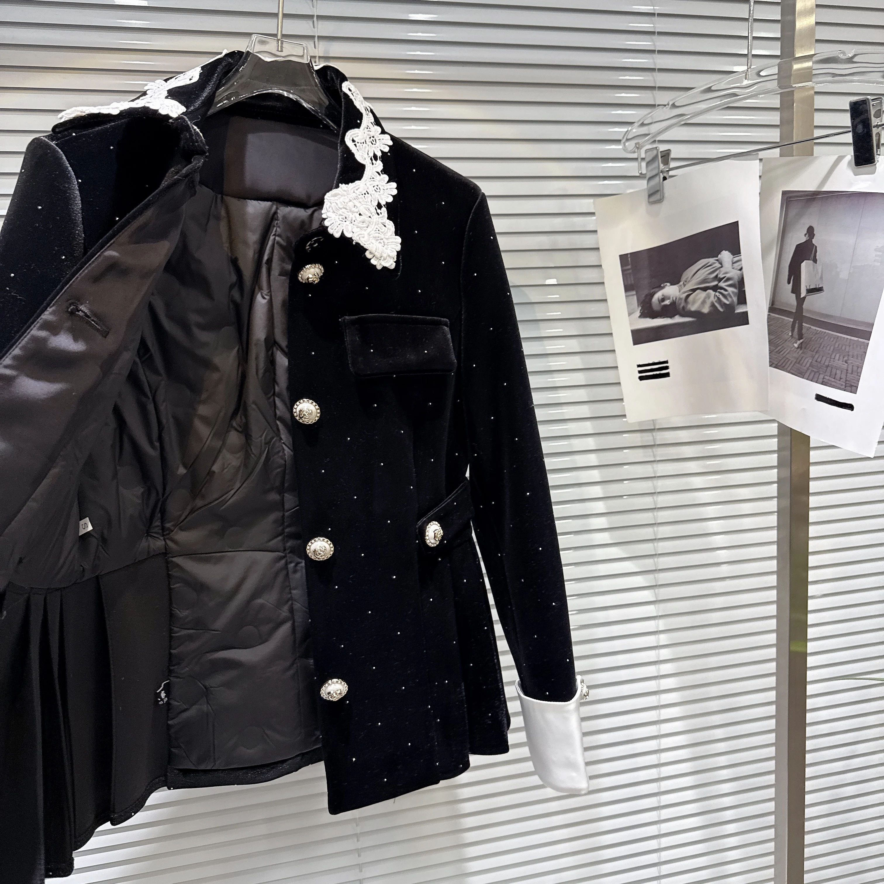 Français élégant Socialite diamant velours simple boutonnage vers le bas manteau taille haute moulante Mini jupe deux pièces ensemble pour les femmes hiver