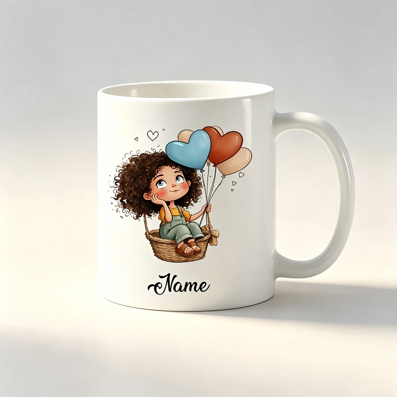 Personalized Name Mug Pretty Girl in Basket with Heart Balloon Custom Gift for Bestie Home Daily Use Ceramic Coffee Cup