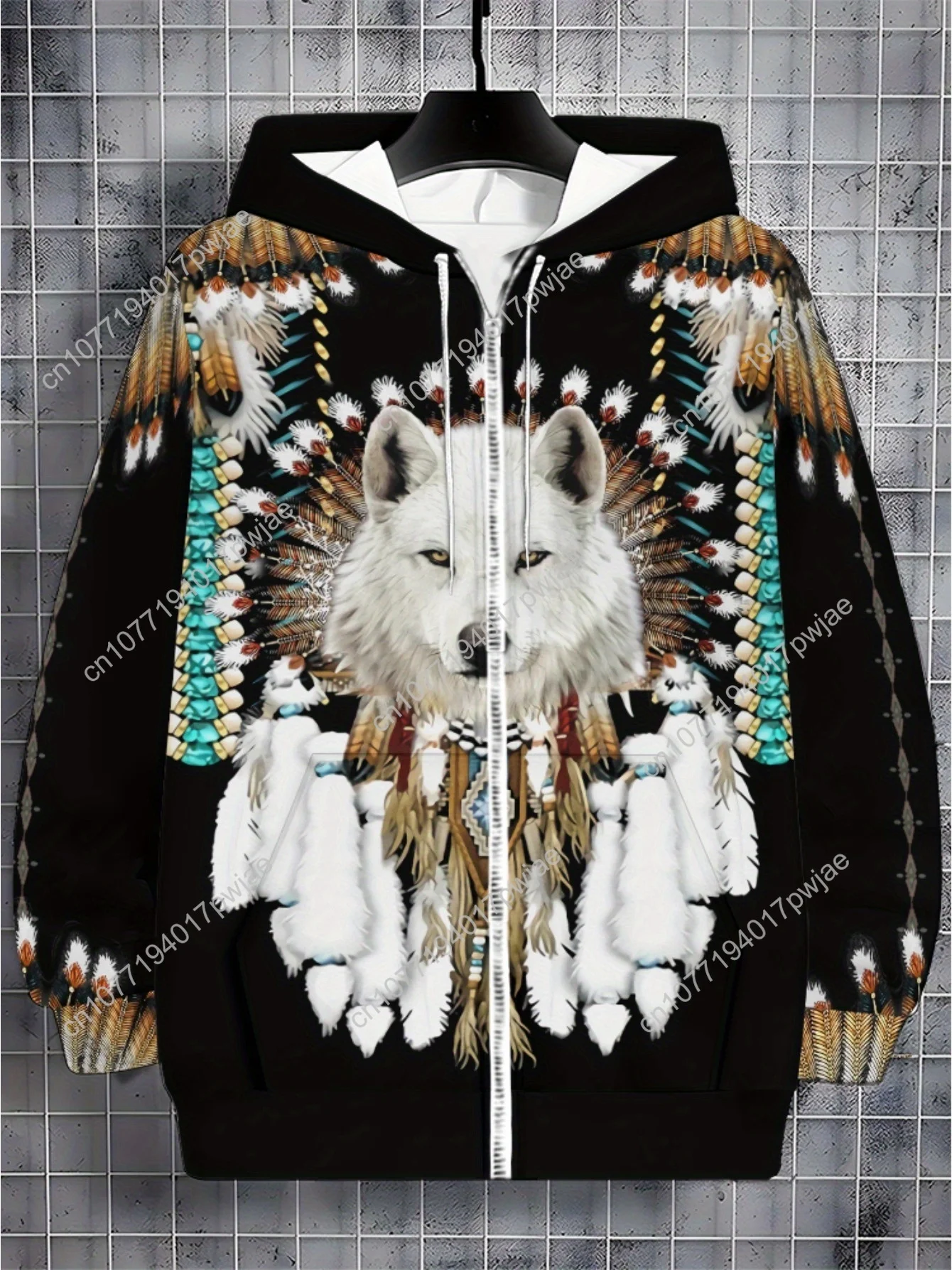 Boné masculino de manga comprida com zíper, moletom estiloso com design de lobo para atividades ao ar livre, cor preta com padrões vibrantes, assim