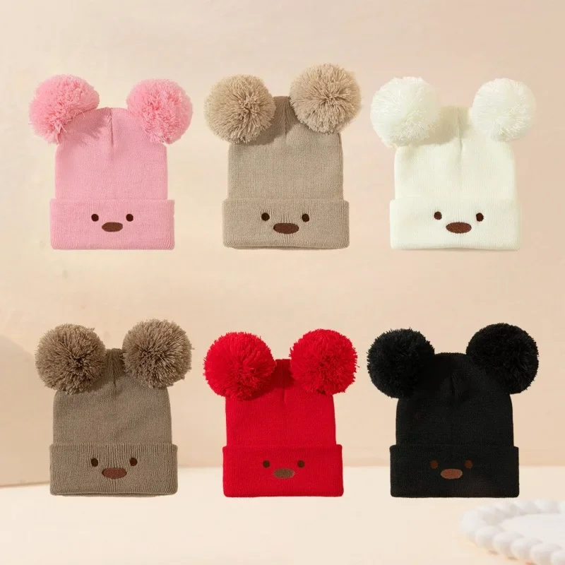 Winter Cute Warm Double Ball Teddy Bear Hat, Sweet Multi Functional Knitted Cotton Hat, Cold Resistant Warm Hat