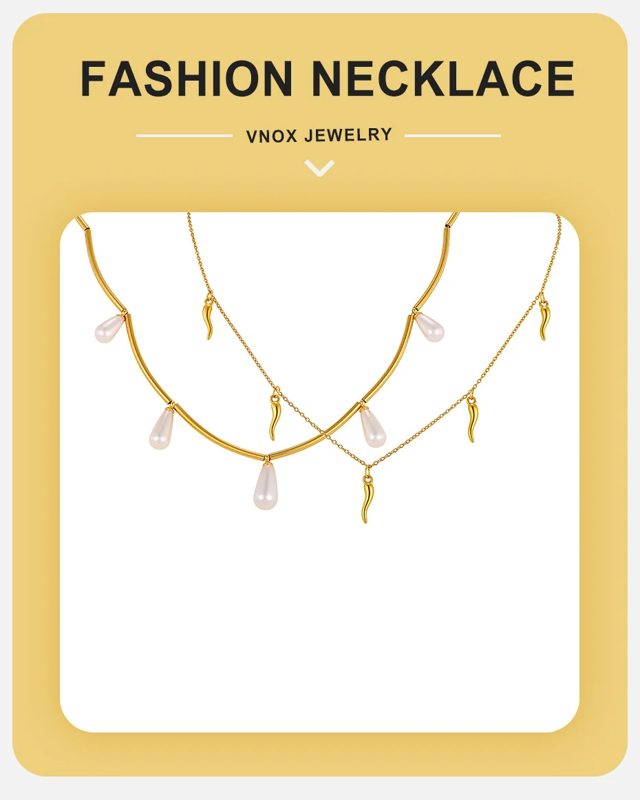 Vnox 18K Vergoldete Edelstahl-Halskette mit Tropfenförmiger Imitationsperle Chili-Horn-Anhänger Charms-Halsketten Strandurlaub Geschenk – Detail 1