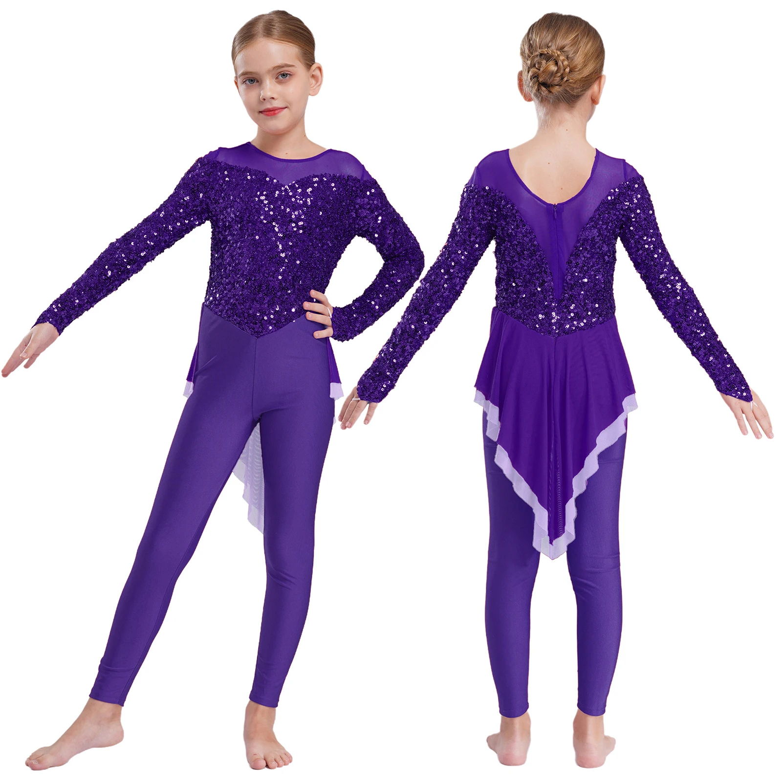 

Kids Girls Ballet Jazz Dance Jumpsuit Round Neck Long Sleeve Ankle Length Leotard Skirted Bodysuit for Gymnastics Performance