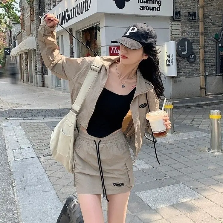 Summer Y2K Dress Sets Women Streetwear Two Piece Skirt Set Korean Style Long Sleeve Cropped Jacket Harajuku Girl Outfits