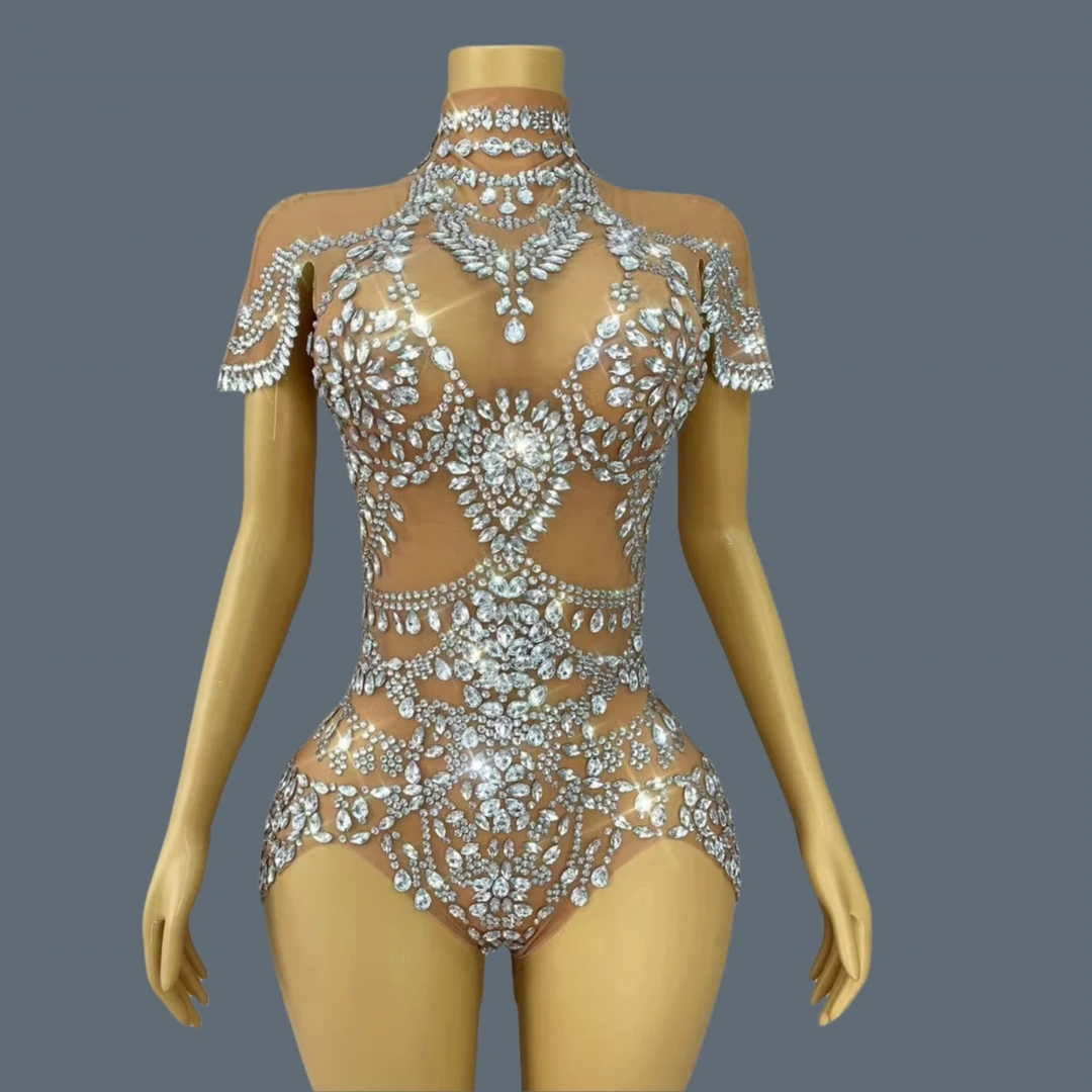 Sparkly Rhinestone Bodysuit Women Sexy Mesh See Through Stage Performance Bodycon Costume Singer Club Show Skinny Wear Wuniang