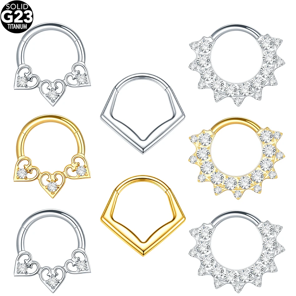 1/5PCS Titanium 16G Zircon Hinged Septum Clicker Nose Hoop Ring Heart CZ Daith Conch Helix Tragus Cartilage Lip Piercing Jewelry