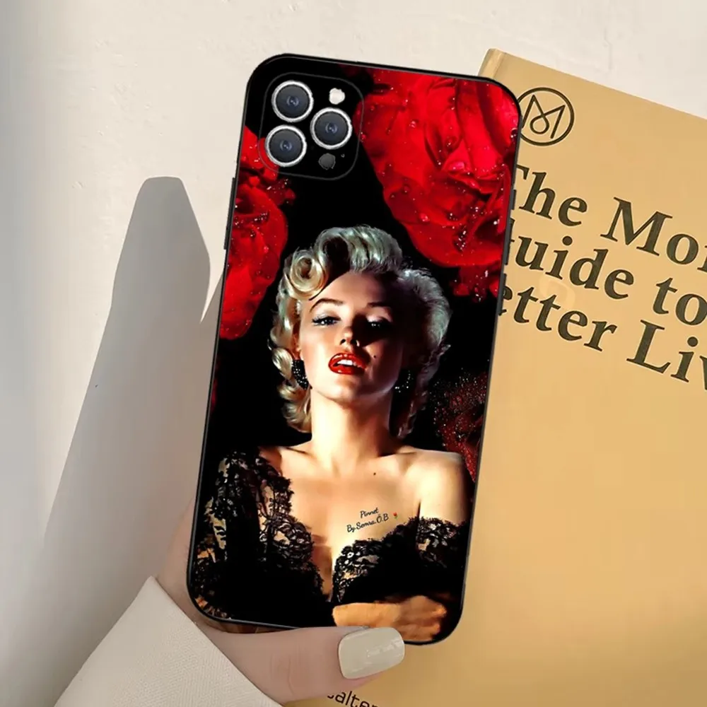 M-Marilyn Monroe Telefoonhoes Voor Iphone 16,15,14,13,12,11,Pro,X, Xs, Max, Xr, Plus,Mini Zachte Zwarte Hoes