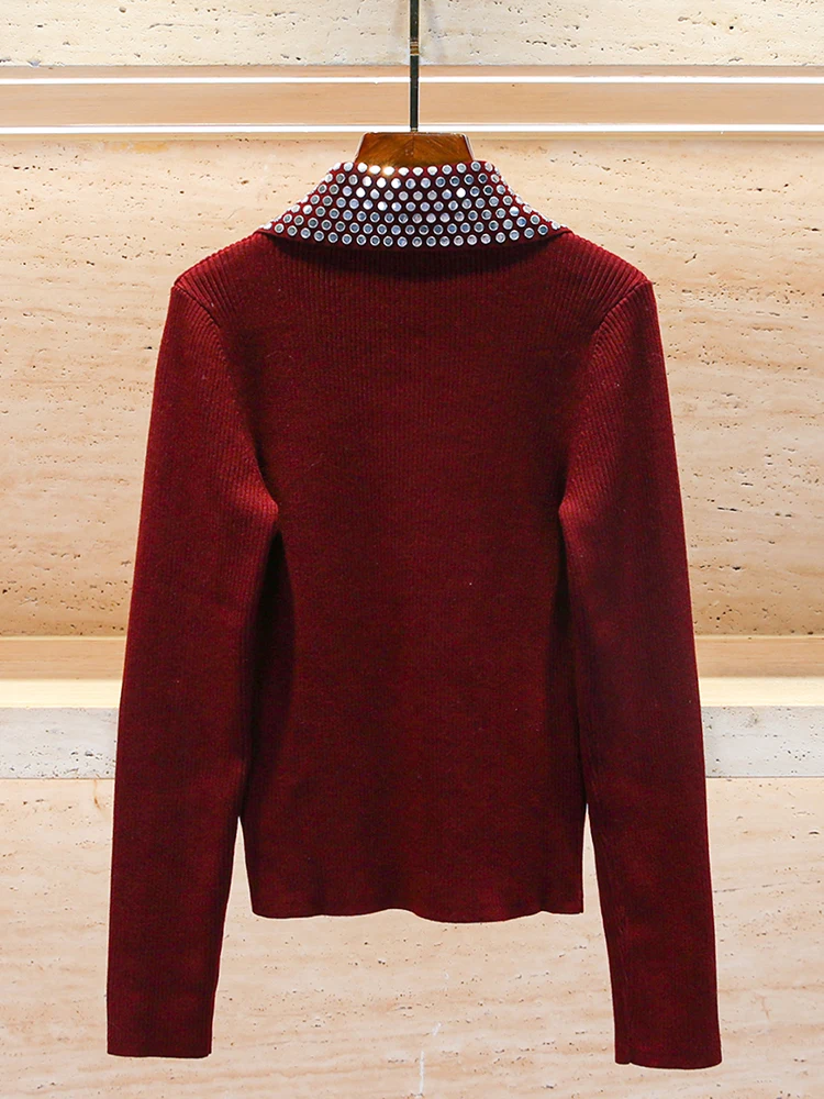 

SIVOS Premium Red Knitted Sweater High Ne Button Detail Rhinestone Embellied Women's Faion Autumn Winter Commute Sle