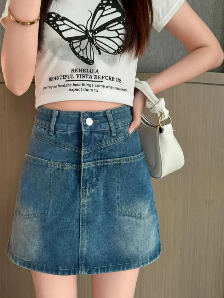 تنورة كورية بسيطة فضفاضة من قماش الدنيم بخصر عالٍ للتخسيس على شكل حرف A، ملابس غير رسمية، قماش مريح غير قابل للتمدد