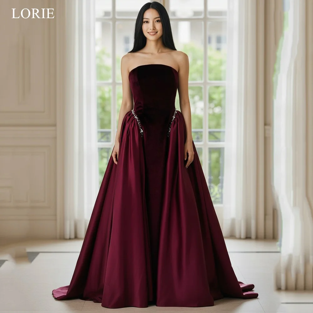 

LORIE Elegant Satin A-Line Party Dresses Velvet Strapless Sleeveless Evening Prom Dress Floor-Length Prom Gowns Customized