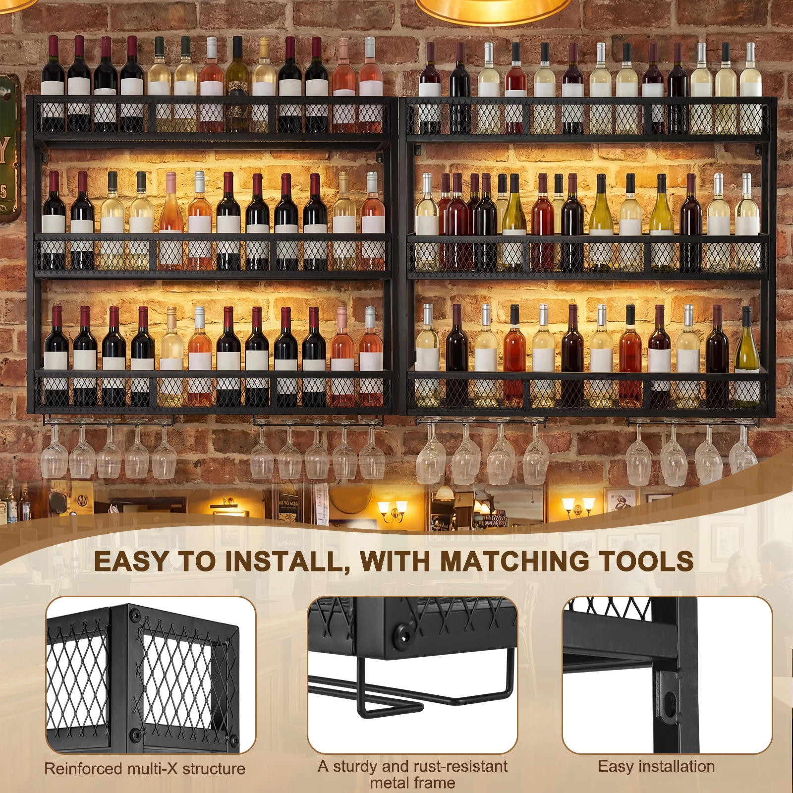 

39in 3-Tiers Wall Mounted Wine Rack with Glass Holder Wall Mounted Liquor Shelves for Kitchen Home Bar Dining Room Living Room