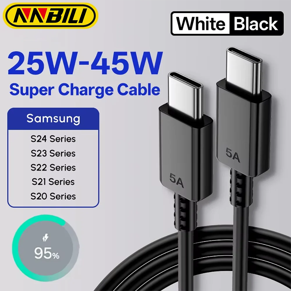 NNBILI PD 45W TYPE C Cable For Samsung S20 S21 S22 S23 S24 S25 Ultra Note 10 20 A53 A54 Super Fast Charging 25W USB C Data Cable