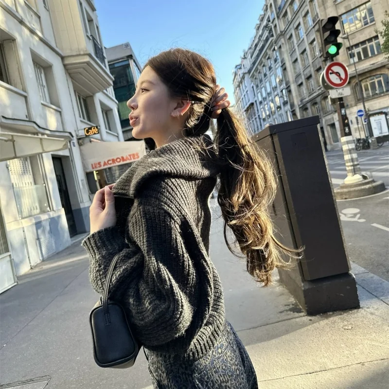 European goods turtleneck zipper 100% pure wool knitted cardigan women's loose long-sleeved sweater jacket