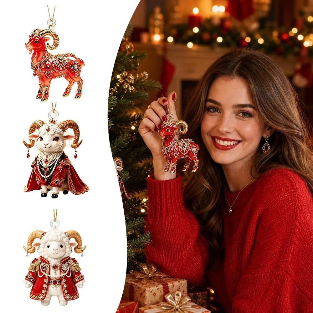 2D Flat Goat Hanging Ornament Acrylic Shining Goat Pendant Artificial Rhinestone Simulation Christmas Tree Ornament