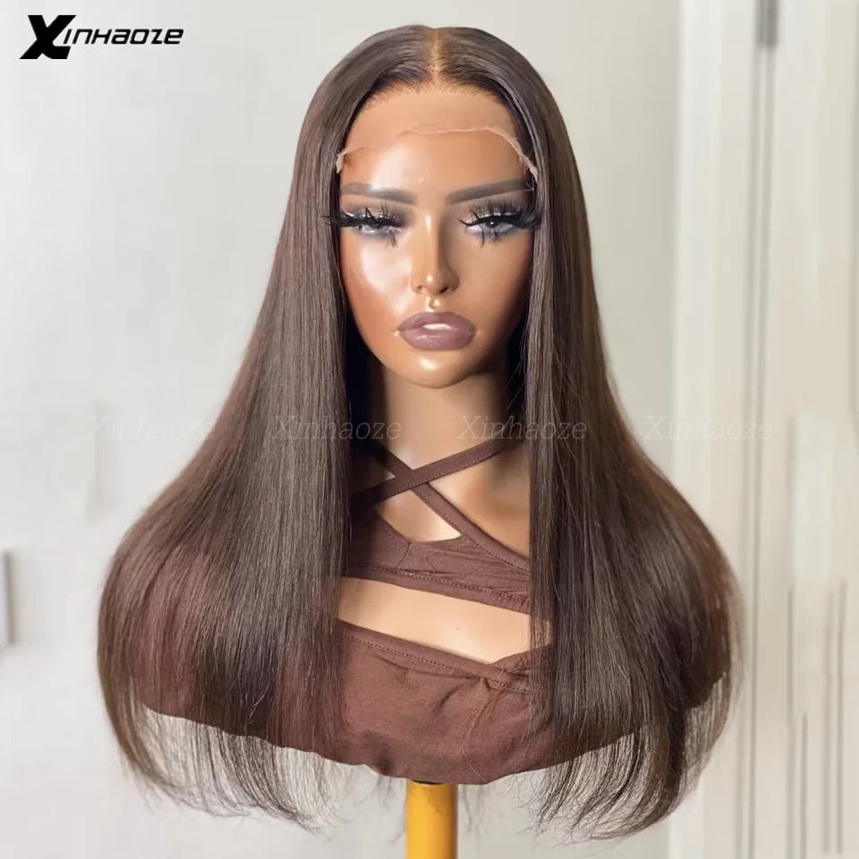 2 # Wig Penutup Atas Sutra 5X5 Coklat Gelap Lurus Wig Renda HD Transparan untuk Wanita Rambut Manusia 13x 4/13X6 Wig Renda Depan