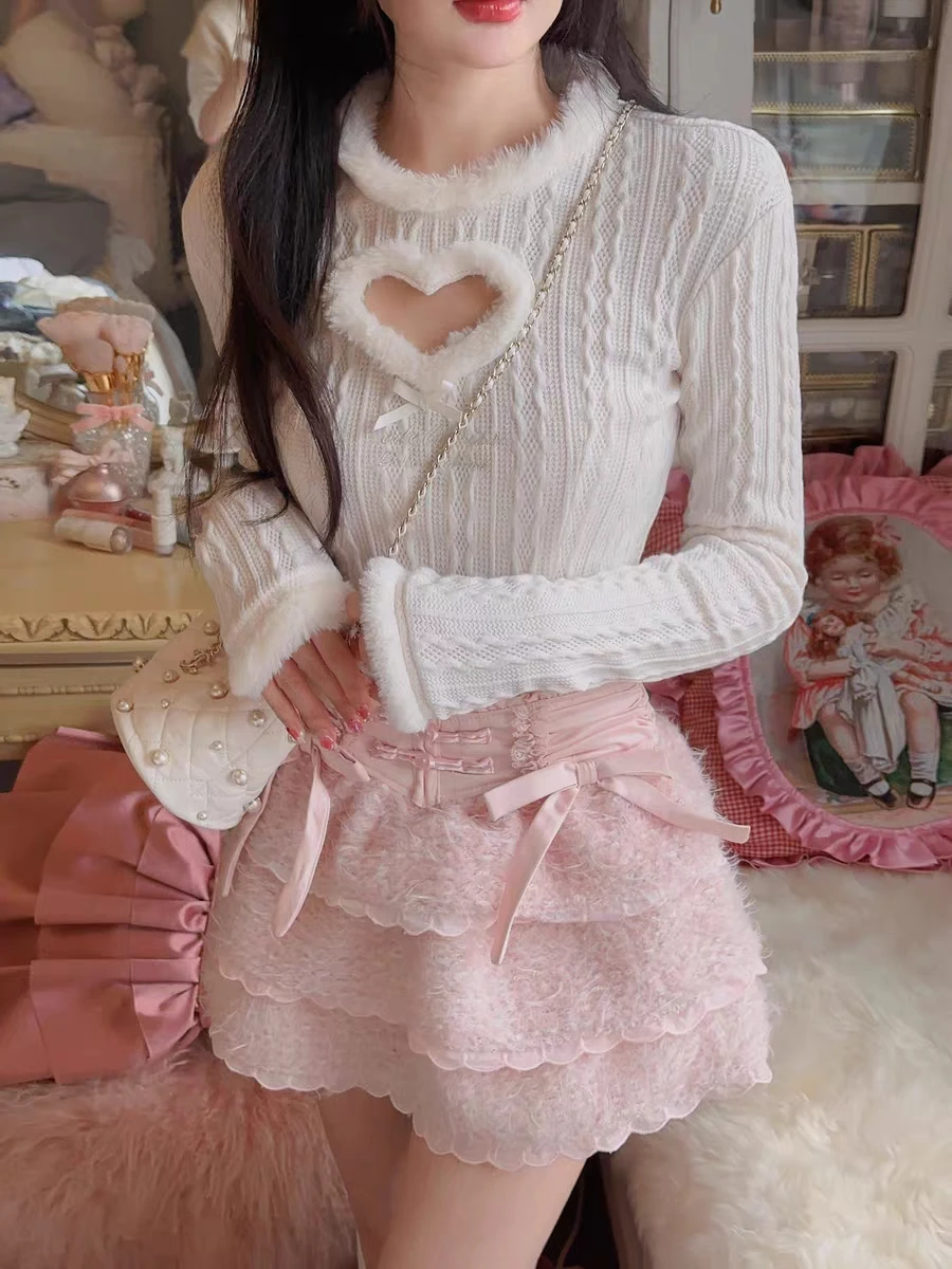 Heart Design White Pink Japanese Kawaii Lolita Blouse Cropped Hollowed Out Slim Knitted Long Sleeve Sweet Bandage Casual Shirt