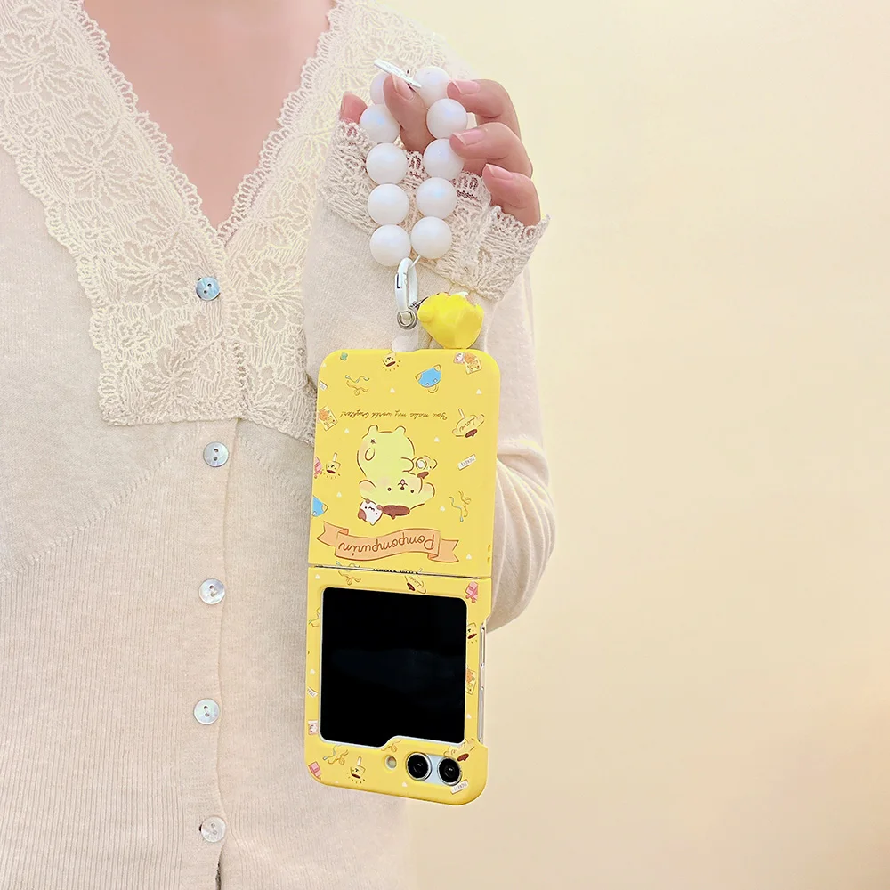 Cartoon Cinnamoroll Pompom Purin with Lanyard Phone Case for Samsung Galaxy Z Flip 3 4 5 5G PC Hard Anti-drop Back Cover Funda