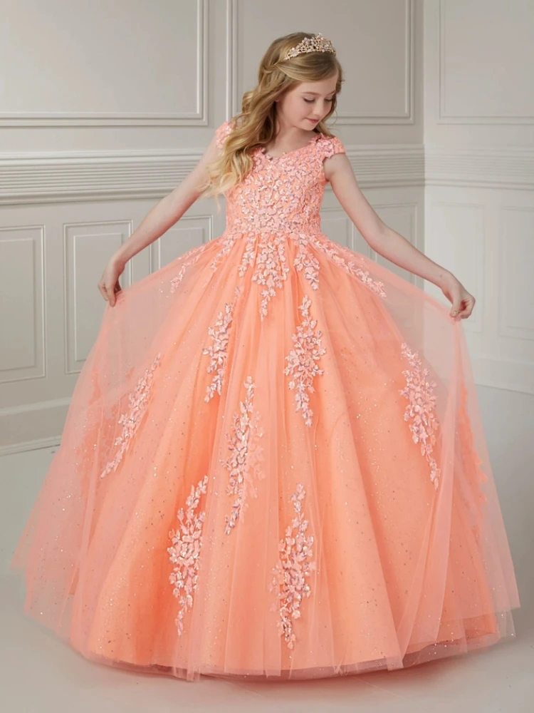 

Flower Girl Dresses Orange Tulle Flory Appliques Sleeveless For Wedding Birthday Party Banquet Holy Communion Gowns