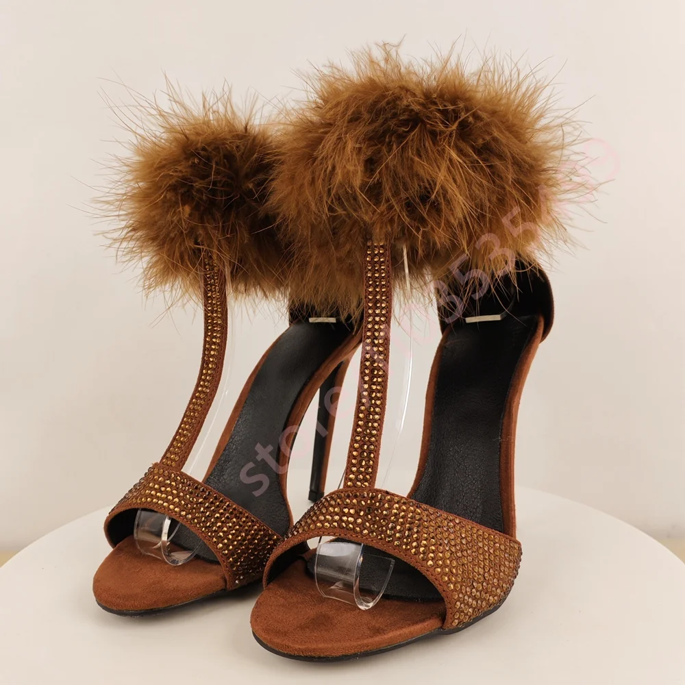 كريستال بلينغ بلينغ T-حزام حجر الراين الصنادل 2025 موضة جديدة مثير المرأة المفتوحة تو خنجر حفلة عادية لينة الفراء الصنادل #1