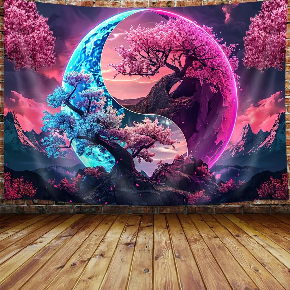 VIKAMA Yin-Yang Cherry Blossom Tree Tapestry Cyberpunk Fantasy Tapestry Bedroom, Living Room, Dormitory Wall Hanging Home Decor