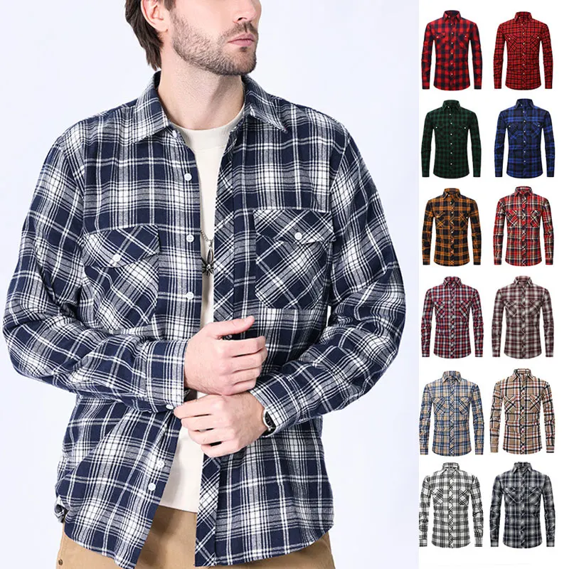 New American size men\'s shirt long sleeve spring and autumn pocket flannel plaid high quality wear free breathable plus size