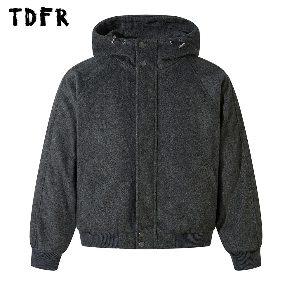 Woolen Hooded Quilted Jacket Mens Drawstring Streetwear Autumn Winter Thick Raglan Long Sleeve Padded Jacket Men