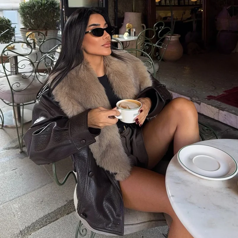Women's Jacket 2025 Autumn Winter New Fashion Brown Textured Imitation Leather Jacket Detachable Large Fur Collar Women Coat